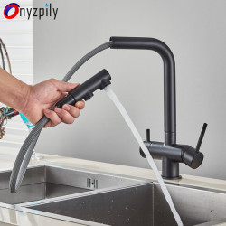 Kitchen Pull-out Filtered Tap Black Brass Purifier Tap 360 Rotation Dual Sprayer Drinking Water Tap Vessel Sink Mixer Tap