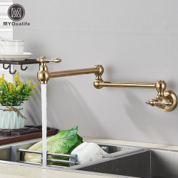 Brushed Gold Brass Pot Filler Tap Single Cold Water Kitchen Tap Wall Mounted Sink Tap Rotate Folding Spout Simple Installa