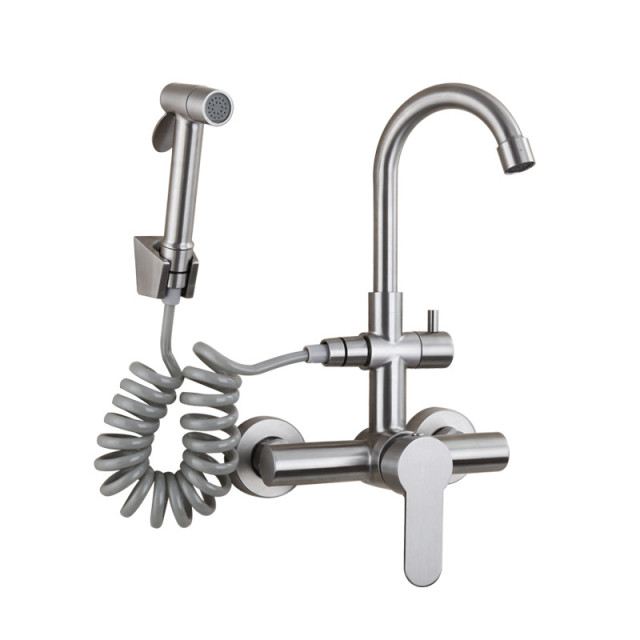 Kitchen Tap Stainless Steel Double Hole Hot and Cold Mixing Tap Wall Mount Balcony Laundry Swivel Tap With Spray Gun