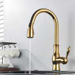 Golden Deck installation Pull Out Kitchen Tap Spray Kitchen Tap 360° Rotattble Hot Cold Sink Mixer Boost Mode Rose Golden