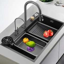 Black Grey Nano Kitchen Sink Large Multiple Size Wash Basin Waterfall Single Bowl Topmount Undermount Kitchen Sink Tap Drain