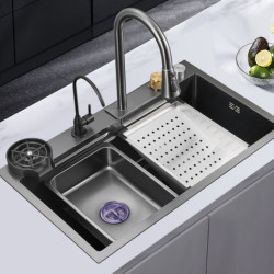 Black Grey Nano Kitchen Sink Large Multiple Size Wash Basin Waterfall Single Bowl Topmount Undermount Kitchen Sink Tap Drain