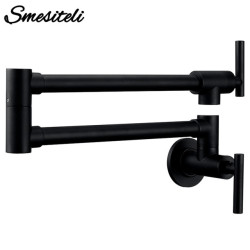 Pot Filler Tap Wall Mount Matte Black Solid Brass Double Joint Swing Arm Folding Kitchen Tap with Single Hole