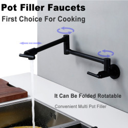 Pot Filler Tap Wall Mount Matte Black Solid Brass Double Joint Swing Arm Folding Kitchen Tap with Single Hole