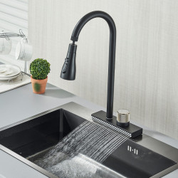 Waterfall Grey Sink Kitchen Tap Hot Cold Mixer Tap Wash Basin Tap Multiple Water Outlets Rotation Rain Tap Single Hole