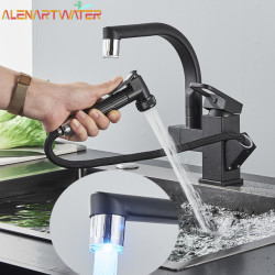 Kitchen Sink Tap LED Black Deck Mounted Flexible Pull Out Mixer Tap Hot Cold Kitchen Tap Spring Spout Chrome Tap