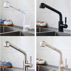 Black Kitchen Sink Tap Hot Cold Water Mixer Crane Lift Up and Down 360 Degree Pull Out Water Taps Brushed White Chrome