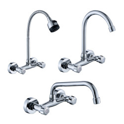 Wall Mounted Kitchen Tap Brass Chrome Spray Sink Tap Dual Handle Double Hole Cold And Hot Water Mixer Tap Washbasin Taps