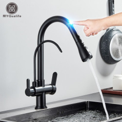Black Touch Sensor Filter Water Kitchen Tap Put Out Dual Handle Three Modes Hot Cold Drinking Water Sink Mixer Taps