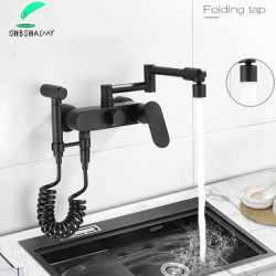 Matte Black Wall Mounted Kitchen Tap with Bidet Pull Down Kitchen Taps 360 Rotation Dual Function Sprayer Cold Hot Water