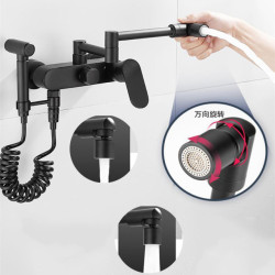 Matte Black Wall Mounted Kitchen Tap with Bidet Pull Down Kitchen Taps 360 Rotation Dual Function Sprayer Cold Hot Water