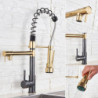 Gold Black Spring Kitchen Tap Pull Down Dual Spouts 360 Swivel Handheld Hot and Cold Water Mixer Tap 2 Outlets