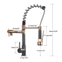 Gold Black Spring Kitchen Tap Pull Down Dual Spouts 360 Swivel Handheld Hot and Cold Water Mixer Tap 2 Outlets