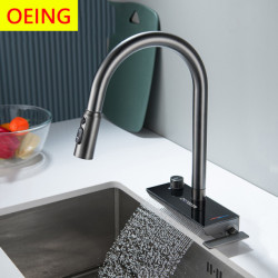 Multifunctional Waterfall Water Outlet Digital Display Kitchen Sink Pull-Out Cold And Hot Tap High-Quality Brass Black