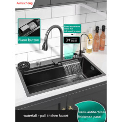2023 Waterfall Sink Kitchen Stainless Steel Topmount Sink Large Single Slot Wash Basin With Multifunction Touch Waterfall Tap