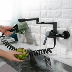 Kitchen Sink Tap Black Solid Brass Hot & Cold Dual Handle With Spray Gun Wall Mounted Rotation Foldable Balcony Mop Pool Tap