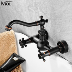 Kitchen Tap Wall Mounted Double Holes 360 Rotate Flexible Black Mixers Sink Tap Hot and Cold Water Wall Kitchen Tap ML24