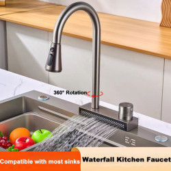 Kitchen Tap Waterfall Sink Hot Cold Water Tap Single Hole Stainless Steel Accessories Tap