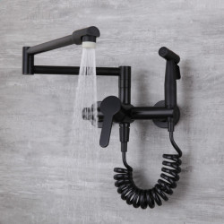 Kitchen Taps Solid Brass Hot & Cold Sink Mixer Taps Single Handle With Spray Gun Wall Mounted Rotation Foldable Nickel/Black