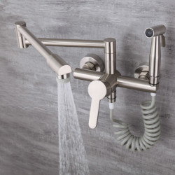 Kitchen Taps Solid Brass Hot & Cold Sink Mixer Taps Single Handle With Spray Gun Wall Mounted Rotation Foldable Nickel/Black