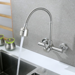 SUS 304 Stainless Steel Wall Mounted Kitchen Tap Hot Cold Kitchen Mixers Kitchen Sink Tap 360 Degree Swivel Flexible Hose