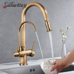 Filtered Pure Water Kitchen Tap Deck Mount Antique Brass Tap 360 Rotate Drinking Water Taps Hot/Cold Water Mixer Tap Crane