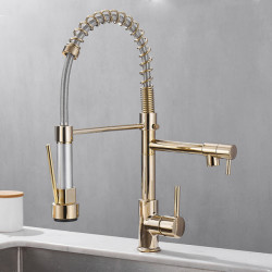 Black and Golden Brass Pulling Kitchen Sink Taps Dual Outlet Water-Cold Hot Washing Basin Tap Deck Mounted Spring Mixer Taps