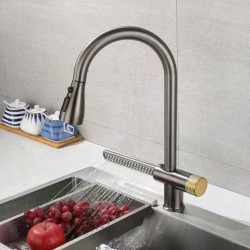 360° Rotatable Waterfall Kitchen Sink Tap Gun Metal Stainless Steel Stylish Adjustable Pull Out Tap With Rainfall Sprayer