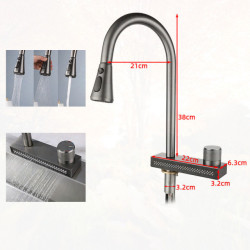 360° Rotatable Waterfall Kitchen Sink Tap Gun Metal Stainless Steel Stylish Adjustable Pull Out Tap With Rainfall Sprayer