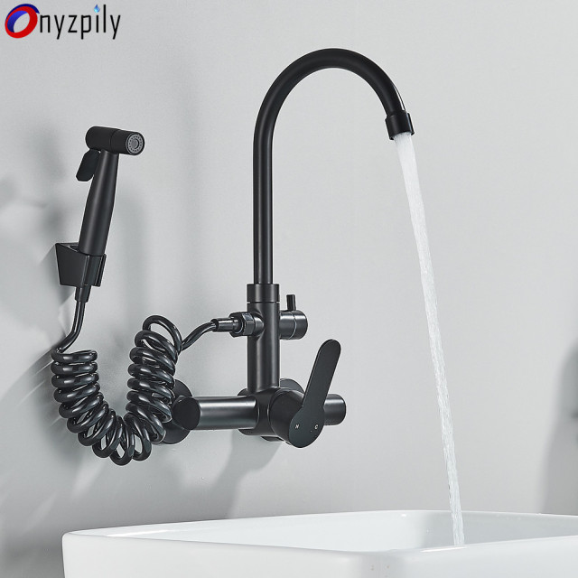 Matte Black Kitchen Tap With Spray Gun Wall Mounted Hot Cold Water Mixer Tap Rotatable Taps Dual Water Mode