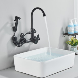 Matte Black Kitchen Tap With Spray Gun Wall Mounted Hot Cold Water Mixer Tap Rotatable Taps Dual Water Mode