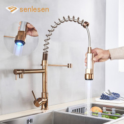Senlesen LED Light Rose Golden Kitchen Tap Single Handle Pull Down Spring Kitchen Taps Dual Spout Hot Cold Water Mixer Tap