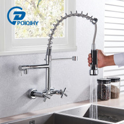 Chrome Spring Kitchen Tap 360 Rotation Pull Down Hand Sprayer with Buckle Kitchen Taps Wall Mounted Cold Hot Water Mixer Taps