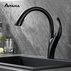 Simple brass brushed gold kitchen Tap single handle cold and hot dual control pull-out type 2-function black sink Tap