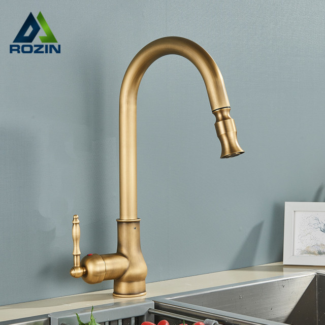 Rozin Antique Brass Kitchen Tap Pull Out Spout Kitchen Taps Black Single Hole Swivel Hot Cold Water Kitchen Mixer Tap