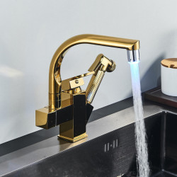 Luxury Golden Kitchen Tap Pull Out Spray with Bidet Hot Cold Mixer Tap 360 Rotation Swivel Deck Mount Bathroom Sink Crane