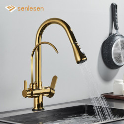Senlesen Golden Kitchen Tap for Purified Water Brass Deck Mounted Dual Handle Pull Out Sink Tap Two Swivel Spout Mixer Tap