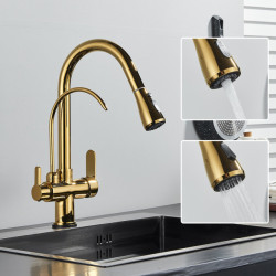 Senlesen Golden Kitchen Tap for Purified Water Brass Deck Mounted Dual Handle Pull Out Sink Tap Two Swivel Spout Mixer Tap