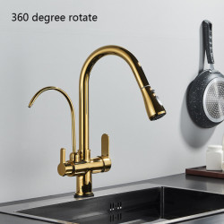 Senlesen Golden Kitchen Tap for Purified Water Brass Deck Mounted Dual Handle Pull Out Sink Tap Two Swivel Spout Mixer Tap