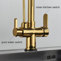 Senlesen Golden Kitchen Tap for Purified Water Brass Deck Mounted Dual Handle Pull Out Sink Tap Two Swivel Spout Mixer Tap