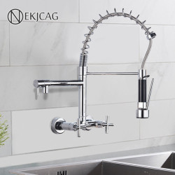 Chrome Spring Kitchen Tap 360 Rotation Pull Down Hand Sprayer with Buckle Kitchen Taps Wall Mounted Cold Hot Water Mixer Taps