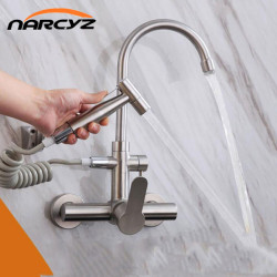 Kitchen Tap Multifunctional 304 stainless steel Nickel Hot & Cold Wall-mounted 360 Rotating Double hole Kitchen TapCP-025