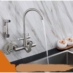 Kitchen Tap Multifunctional 304 stainless steel Nickel Hot & Cold Wall-mounted 360 Rotating Double hole Kitchen TapCP-025