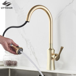 Brushed Gold Kitchen Tap Hot And Cold Water Mixer Tap For Kitchen Pull Out Mixer Crane 2 Function Spout Brass Water Mixer