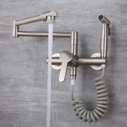 Kitchen Tap Solid Brass Hot & Cold Sink Mixer Taps With Spray Gun Wall Mounted Rotation Foldable Nickel/Chrome