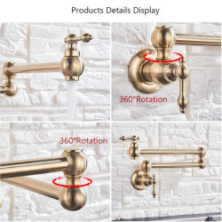 Brushed Gold Kitchen Tap Wall Mount Bathroom Basin Tap Cold Water Washing Tap Rotate Folding Spout Brass Vanity Sink Crane