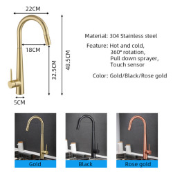 Gold Touch Sensor Kitchen Tap Single Hole Pull Out Spout Sink Mixer With Pull Down Stream Sprayer Black Deck Mounted Tap