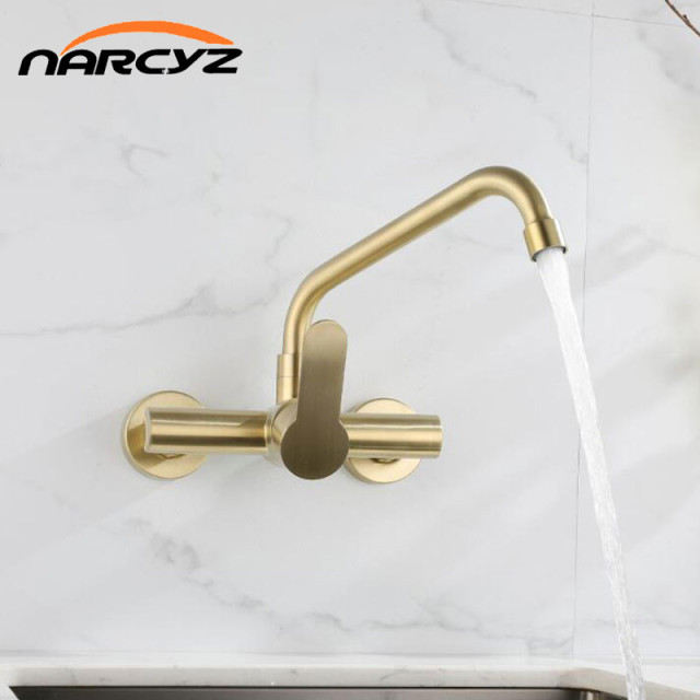 Kitchen Tap 304 stainless steel Wall Mounted Double Holes can rotation Nickel Gold Mixers Sink Tap Hot and Cold Water YY-815