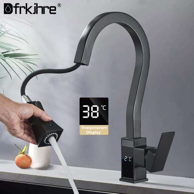 Digital Display Kitchen Tap Black Four Function Single Handle Pull Out Spout Kitchen Sink Mixer Hot And Cold Water Taps