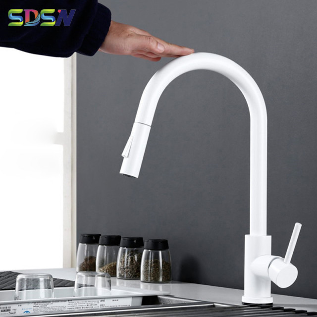 White Touch Kitchen Taps with Stainless Steel Pull Out Kitchen Mixer Tap Single Handle Pull Down Sensor Touch Kitchen Tap